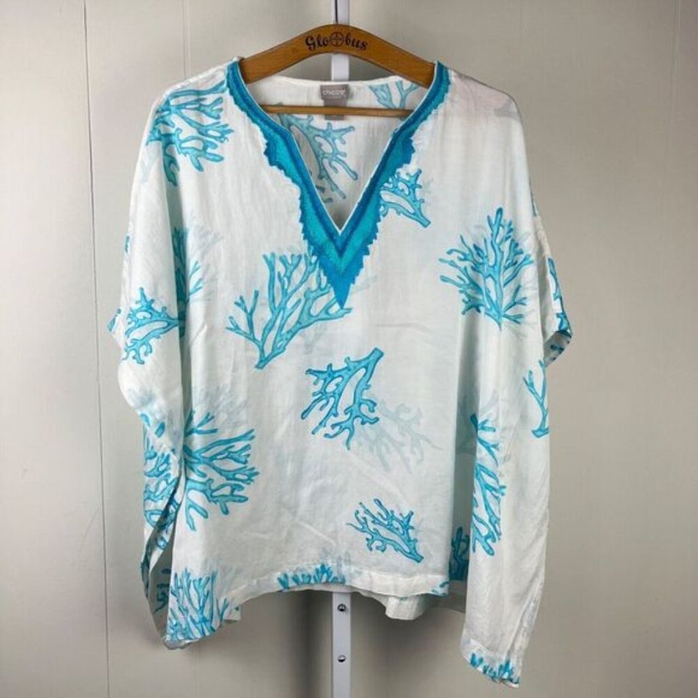 Chico's Coral Shades Beach Coverup Poncho Top Womens Size S/M Teal‎ White